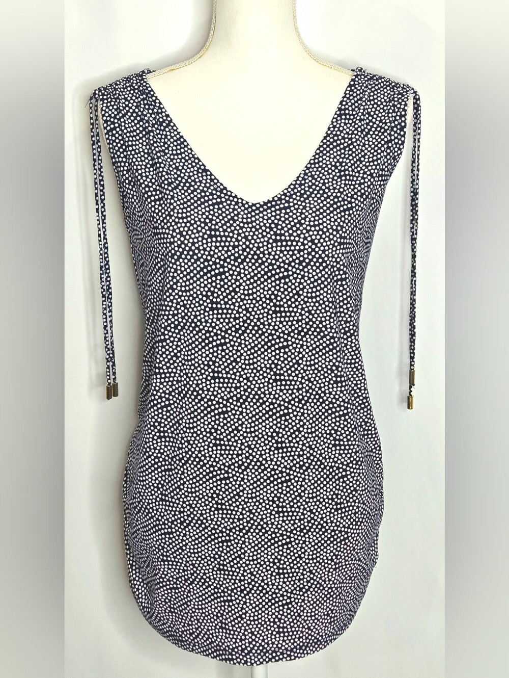 Anne Klein Navy & White Dot Ruched Tie Career Office Tunic Top NWOT XL
